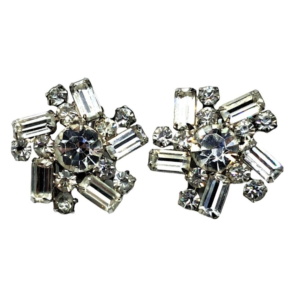 Vintage Juliana Earrings Clear Rhinestones Clip Ons Floral Design Costume Jewelr